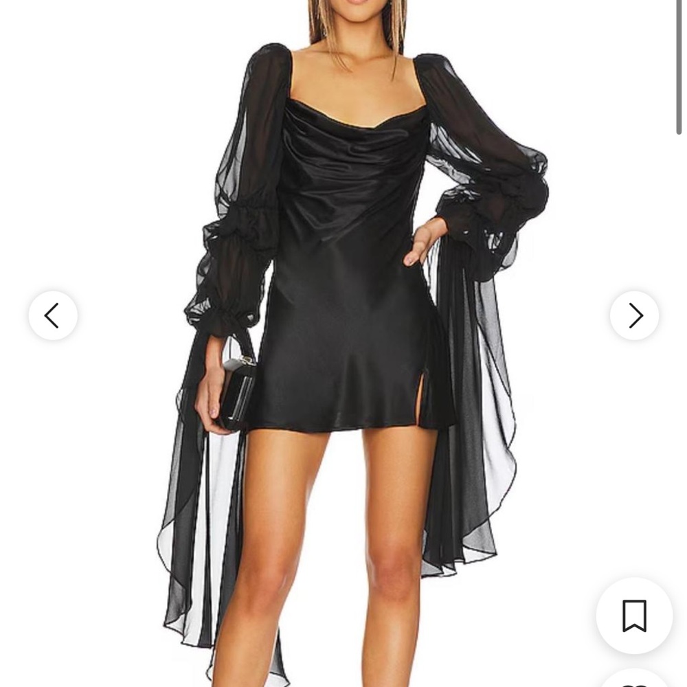 For Love And Lemons Black Satin Mini Dress with Sheer Puff Sleeves